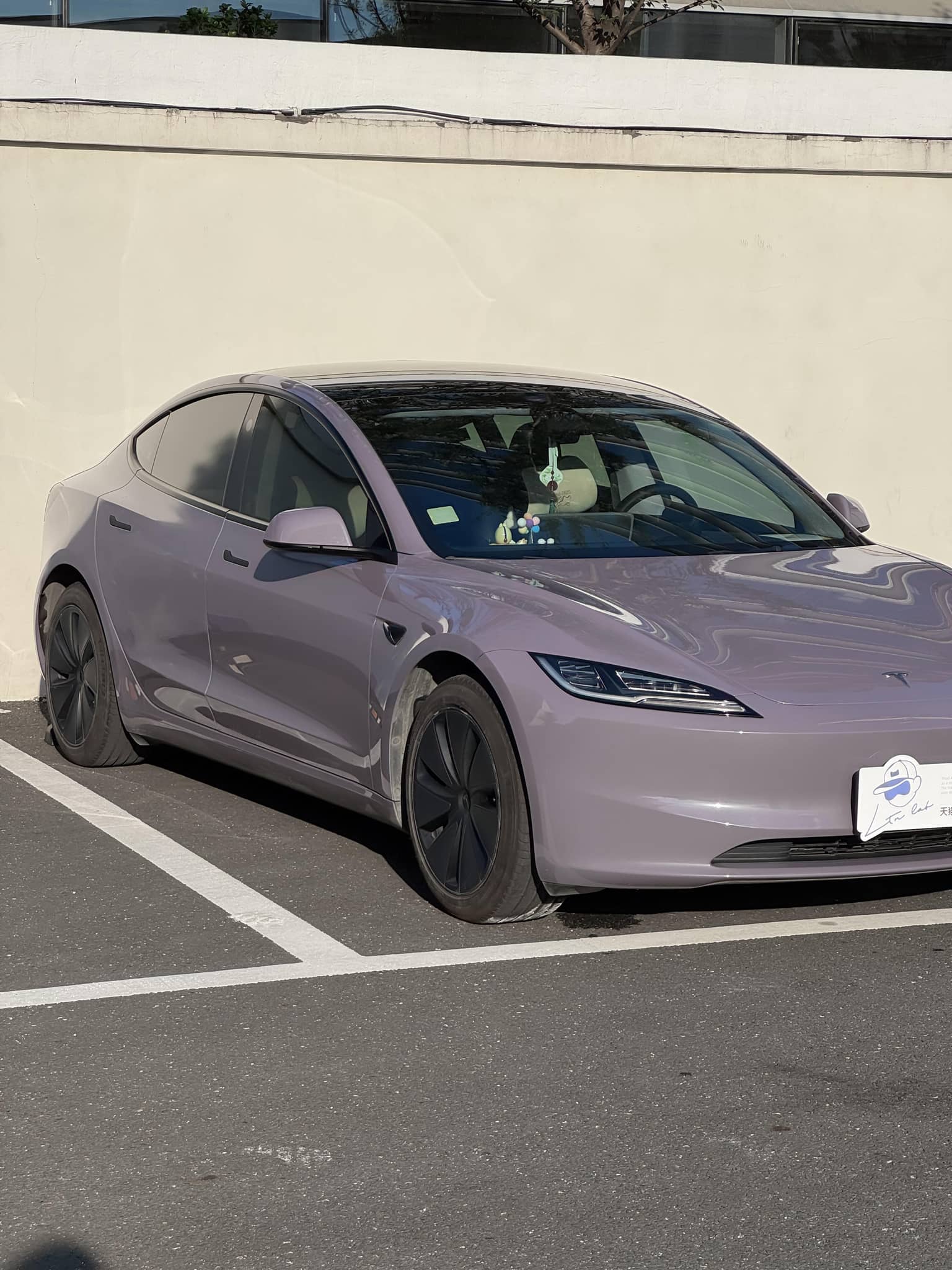 Tesla Model 3 wrapped in a unique color using a Pre-cut Tesla Wrap Kit by WrapBug parked in an outdoor lot
