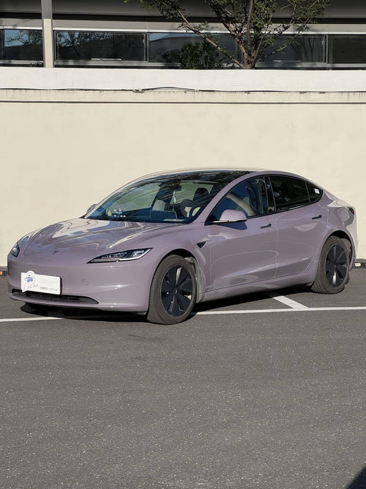 Tesla Model 3 in light purple color featuring WrapBug Pre-cut Tesla Wrap Kit parked outdoors