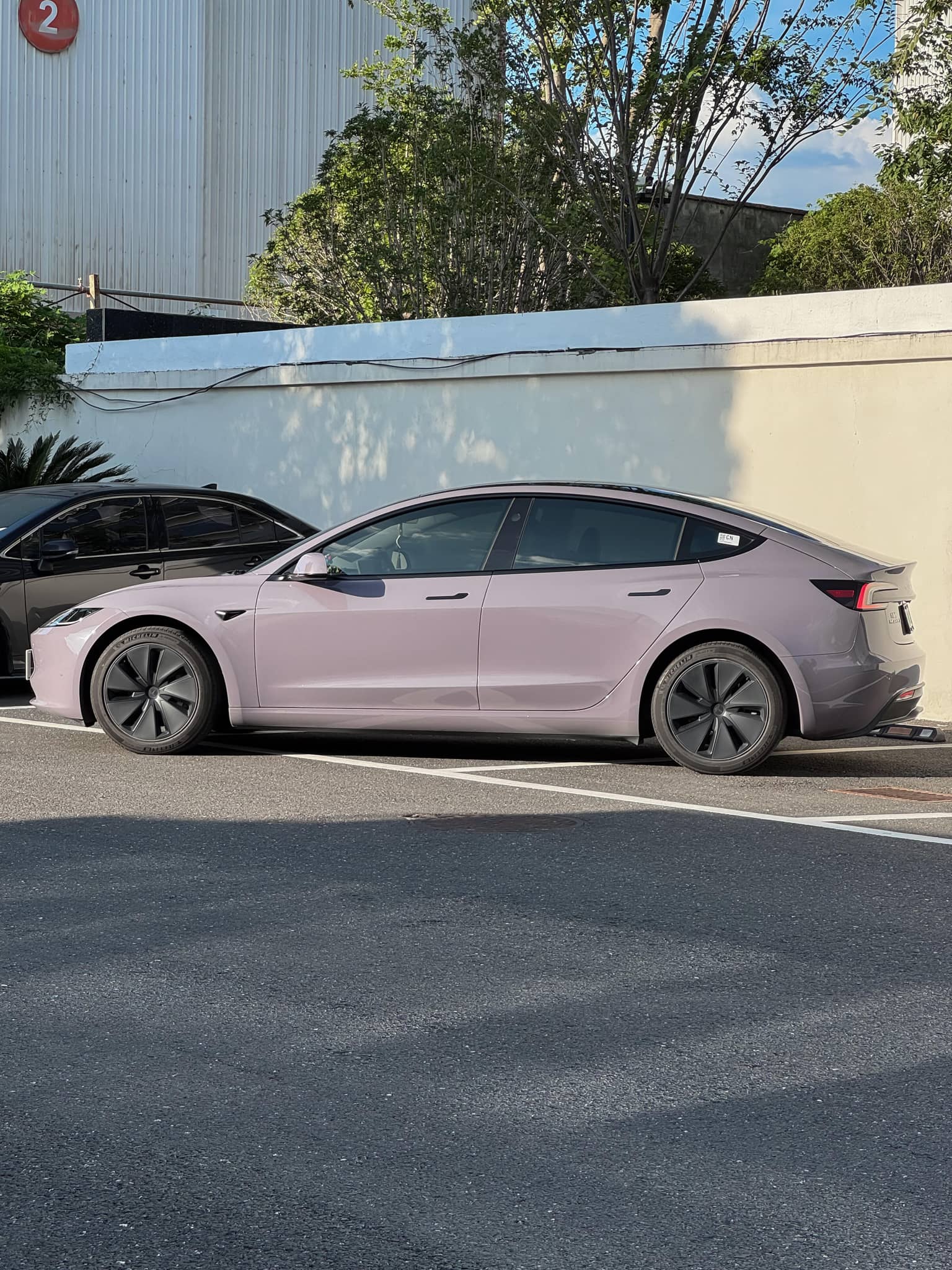 Tesla Model 3 parked with light purple wrap applied using Pre-cut Tesla Wrap Kit by WrapBug