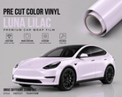 Pre-cut Tesla Wrap Kit Luna Lilac color vinyl wrap film shown on white Tesla Model Y with glossy finish and durable protection