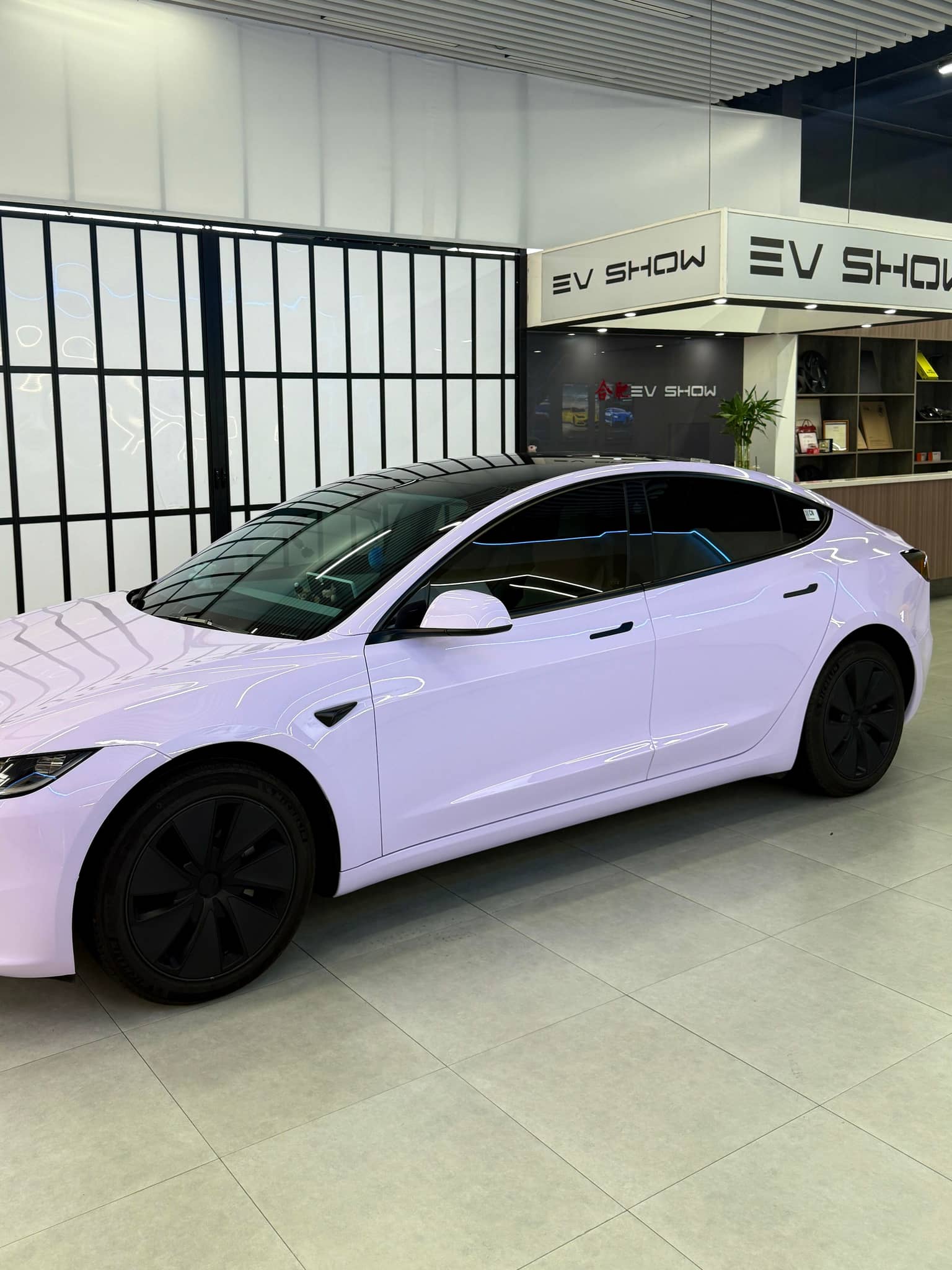 White Tesla Model 3 wrapped with a Pre-cut Tesla Wrap Kit displayed in modern EV showroom