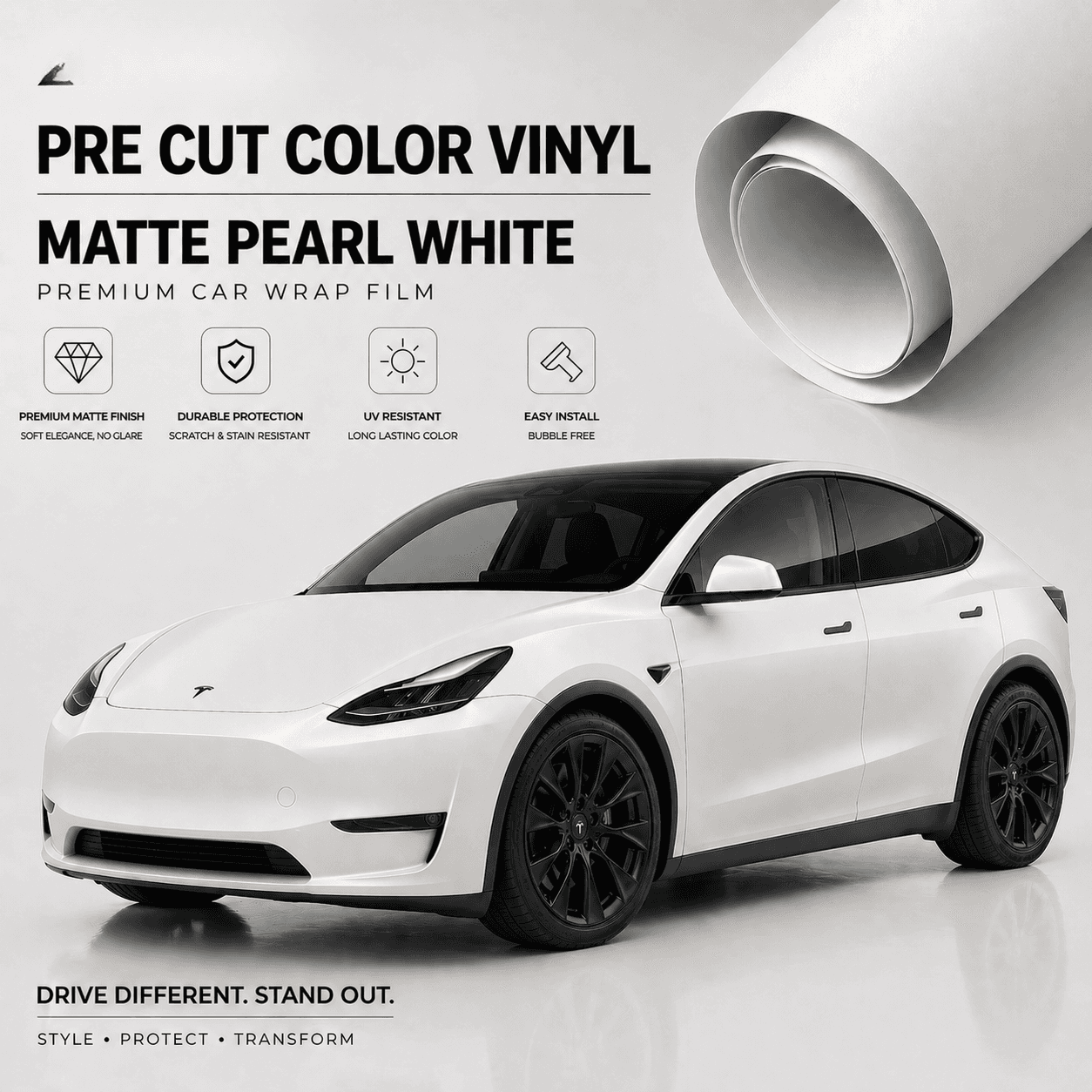 Pre-cut Tesla wrap kit in matte pearl white vinyl showing a wrapped Tesla Model Y with premium car wrap film