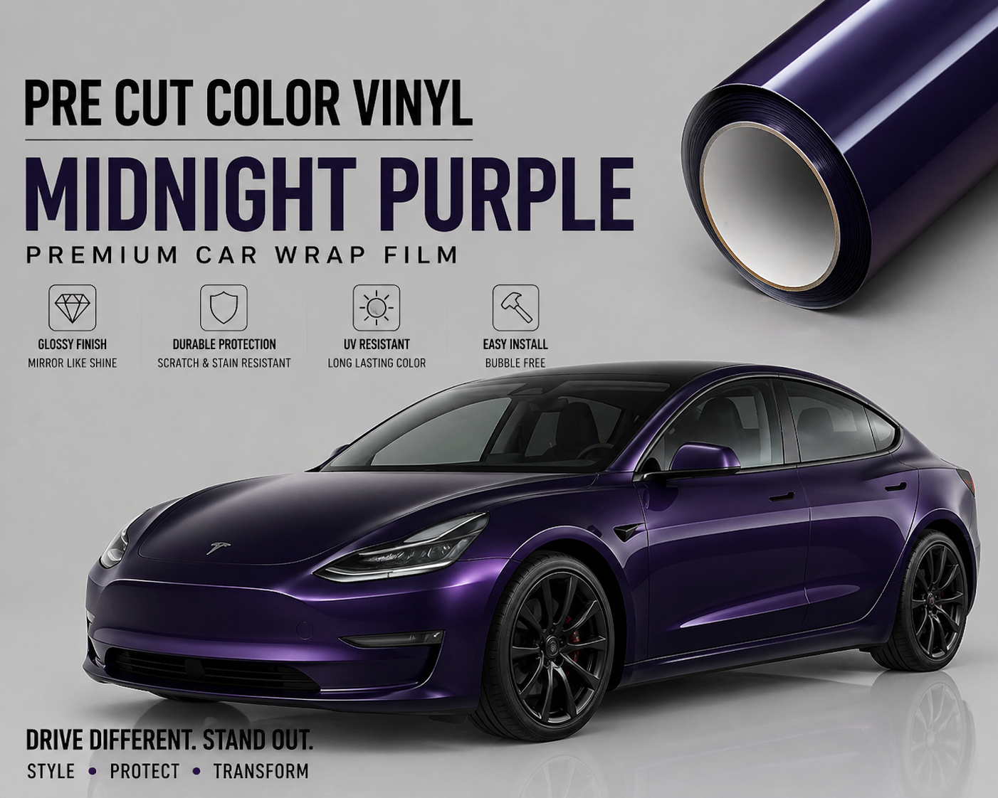 Pre-cut Tesla Wrap Kit in midnight purple vinyl with glossy finish and durable protection for Tesla Model 3