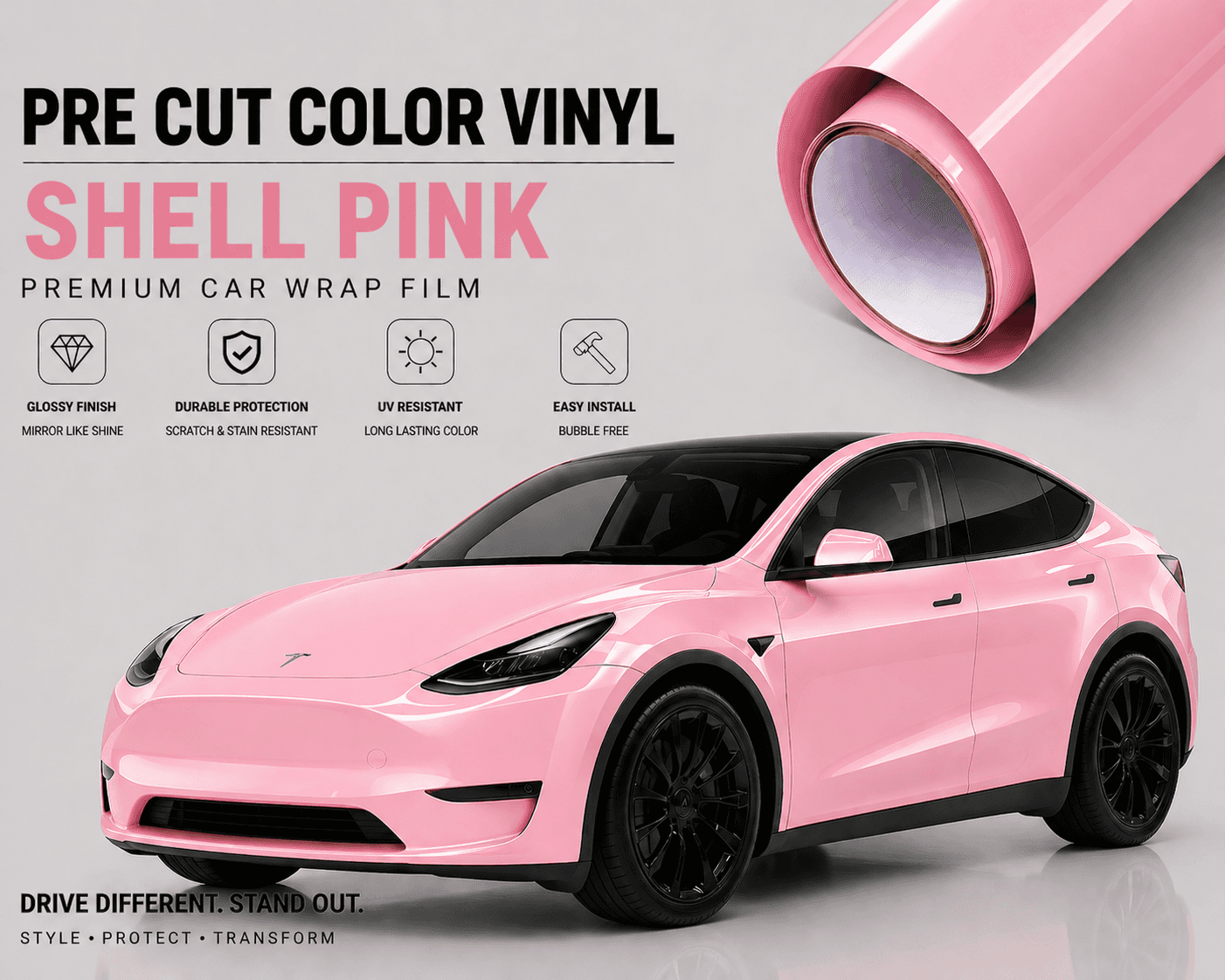 WrapBug Pre-cut Tesla Wrap Kit in shell pink vinyl showing wrapped Tesla Model Y with glossy finish