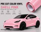 WrapBug Pre-cut Tesla Wrap Kit in shell pink vinyl showing wrapped Tesla Model Y with glossy finish