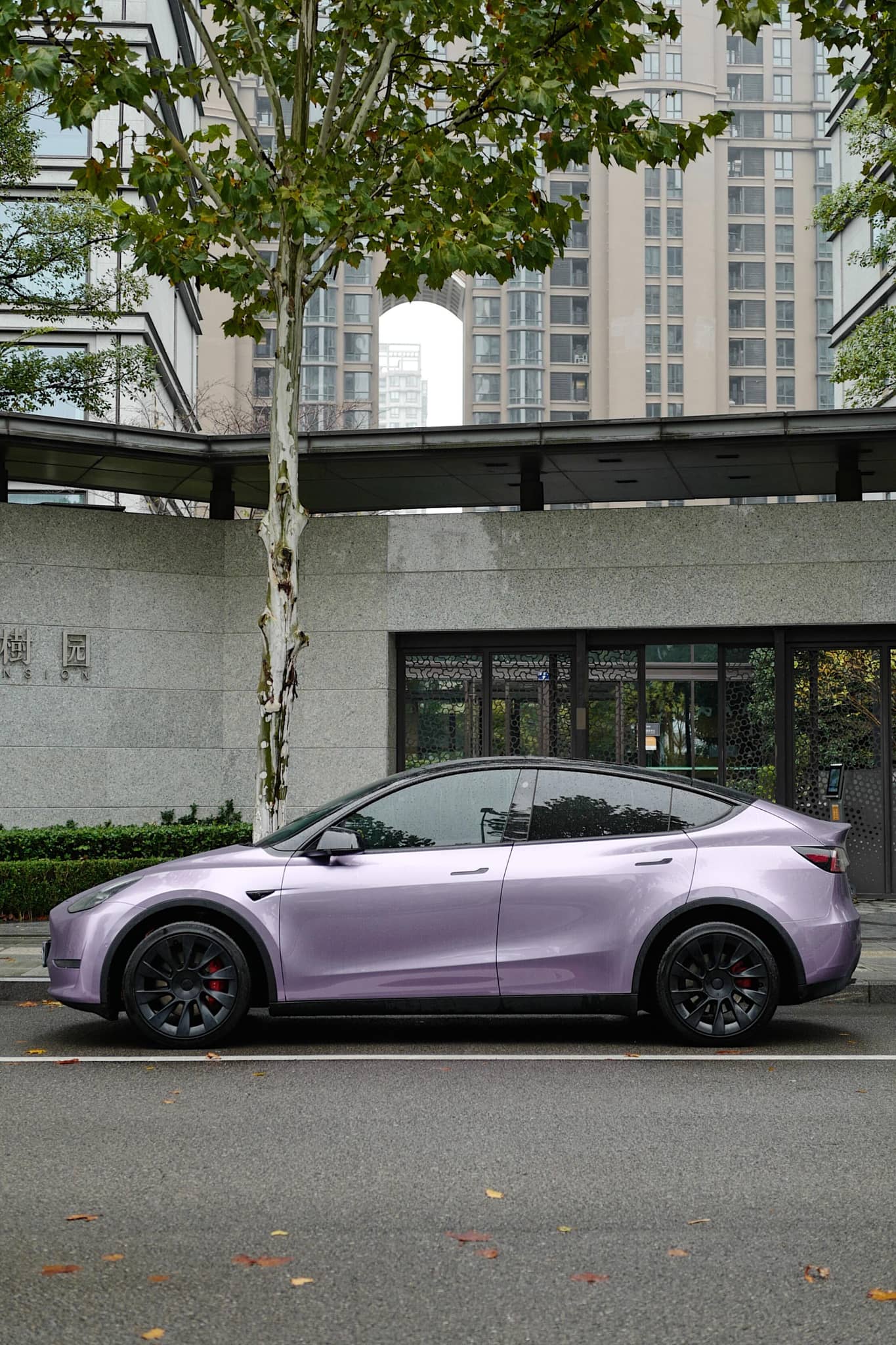 Tesla Model Y wrapped in a matte purple using a Pre-cut Tesla Wrap Kit by WrapBug parked on city street
