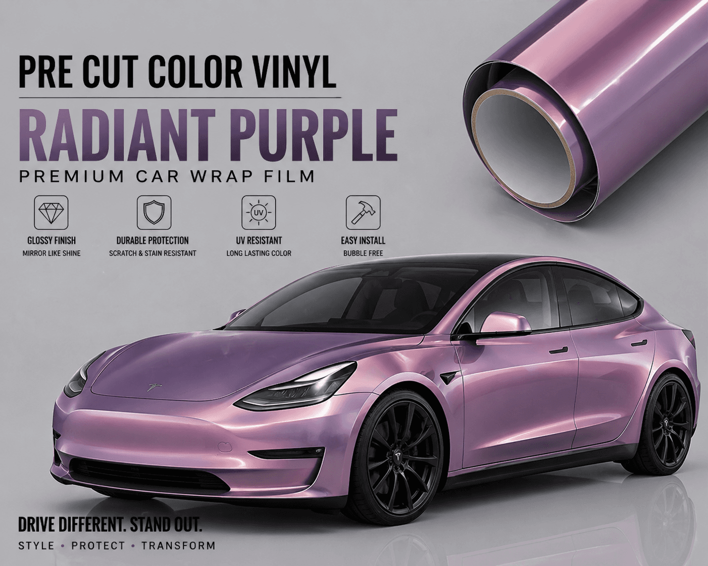 Pre-cut Tesla Wrap Kit radiant purple vinyl car wrap on a Tesla Model 3 with glossy finish and durable protection