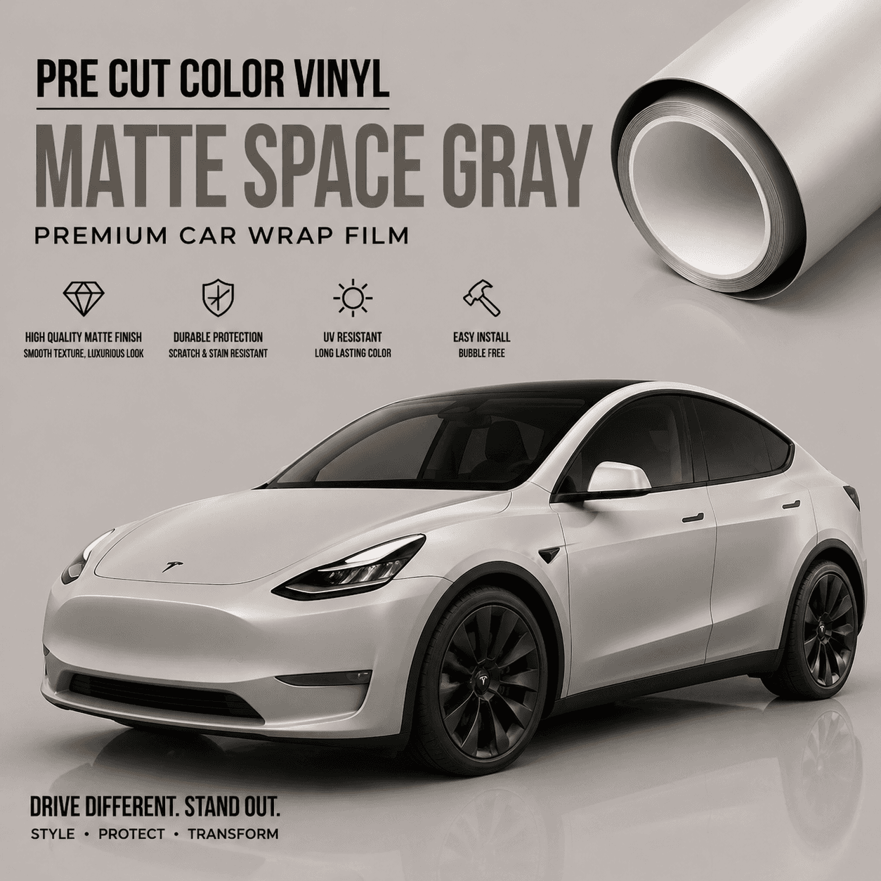 WrapBug matte SPACE GRAY tesla wrap premium car vinyl film roll with white Tesla Model Y SUV