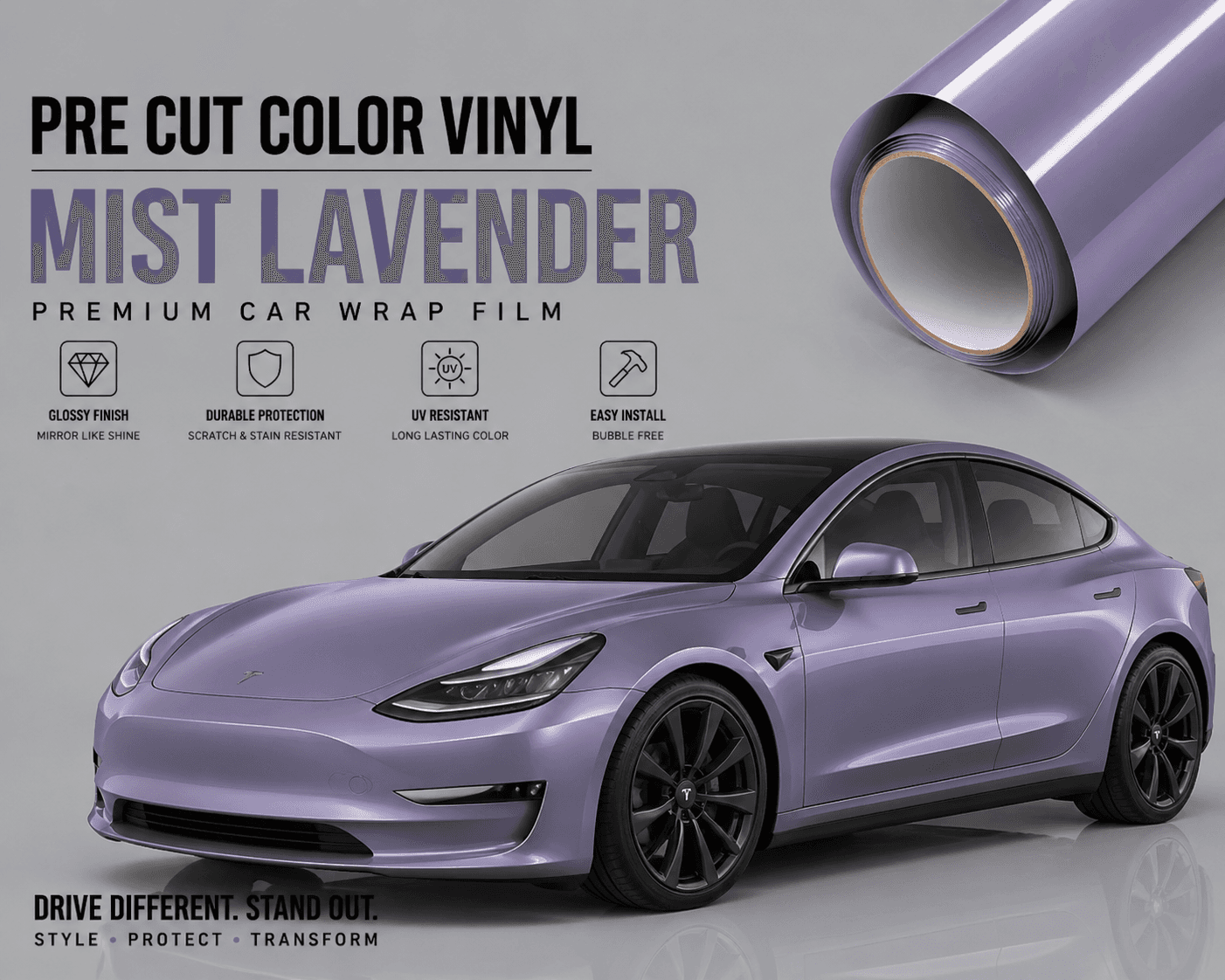 Pre-cut Tesla Wrap Kit in Mist Lavender color vinyl for premium car wrap with glossy finish and UV protection