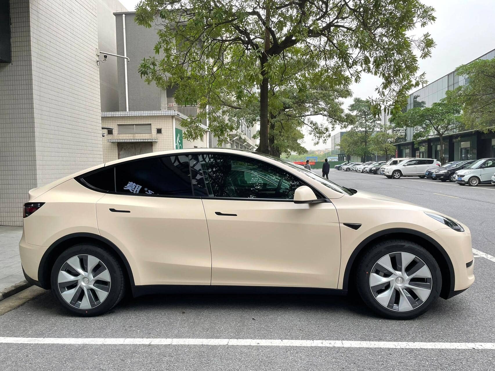 Tesla Model Y side view featuring a matte MATTE SPACE GRAY tesla wrap by WrapBug in urban parking