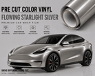 Pre-cut Tesla Wrap Kit in Flowing Starlight Silver vinyl with glossy finish and durable protection