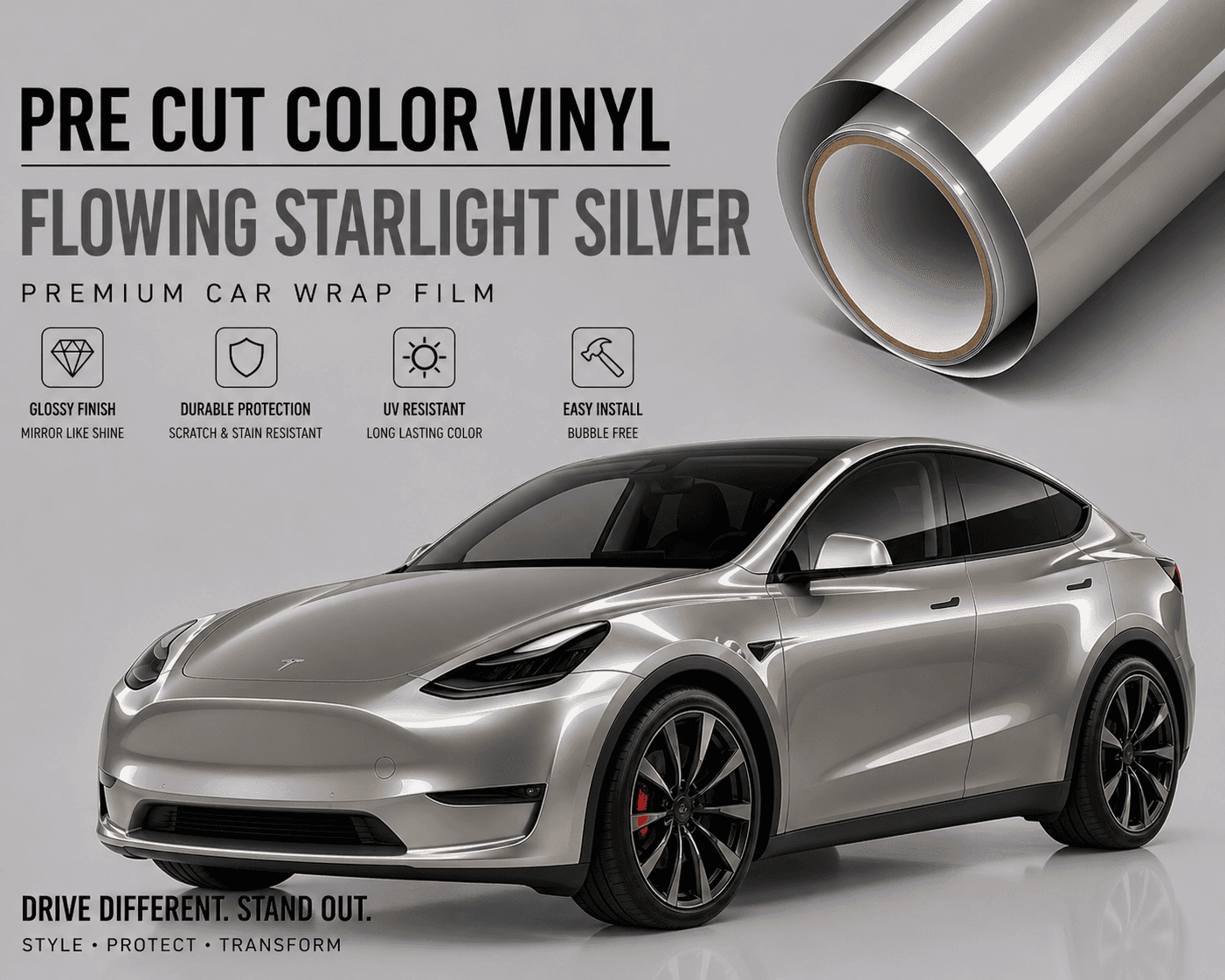 Pre-cut Tesla Wrap Kit in Flowing Starlight Silver vinyl with glossy finish and durable protection