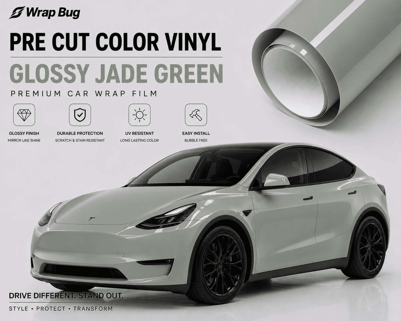 Tesla Model Y wrapped in glossy jade green pre cut color vinyl by WrapBug with tesla color PPF protection