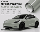 Tesla Model Y wrapped in glossy jade green pre cut color vinyl by WrapBug with tesla color PPF protection