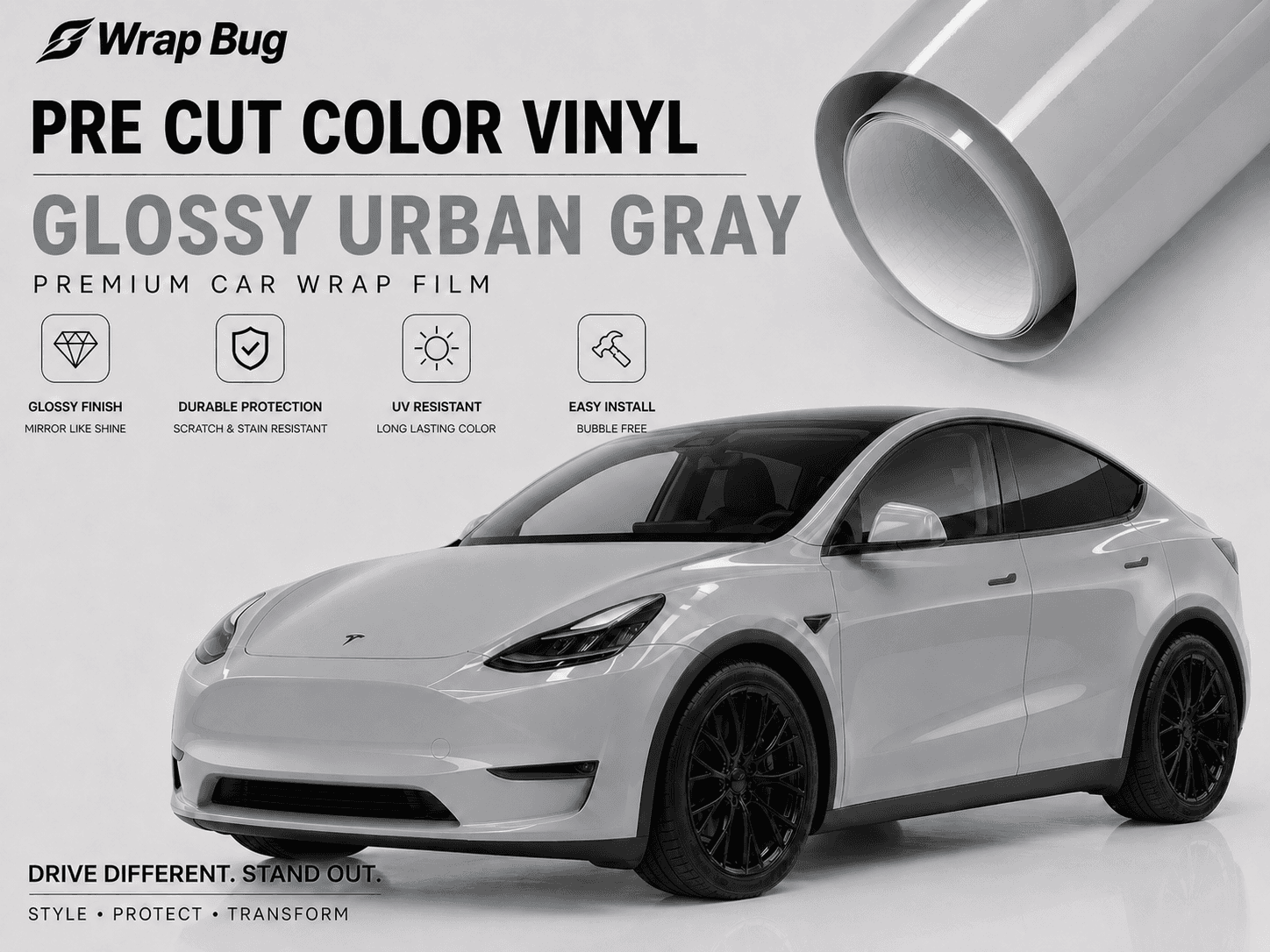 WrapBug pre cut color vinyl wrap in glossy urban gray for Tesla with tesla color PPF protection