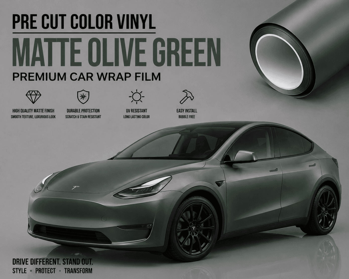 Matte OLIVE GREEN tesla wrap premium car vinyl wrap film on a Tesla Model Y with smooth texture