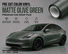 Matte OLIVE GREEN tesla wrap premium car vinyl wrap film on a Tesla Model Y with smooth texture