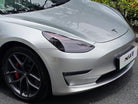 Silver Tesla Model 3 front with Pre-cut Tesla Wrap Kit applied on hood and headlights