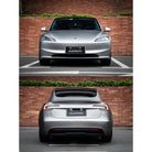 Front and rear view of silver Tesla Model 3 with a smooth tesla model 3 wrap by WrapBug in a parking lot
