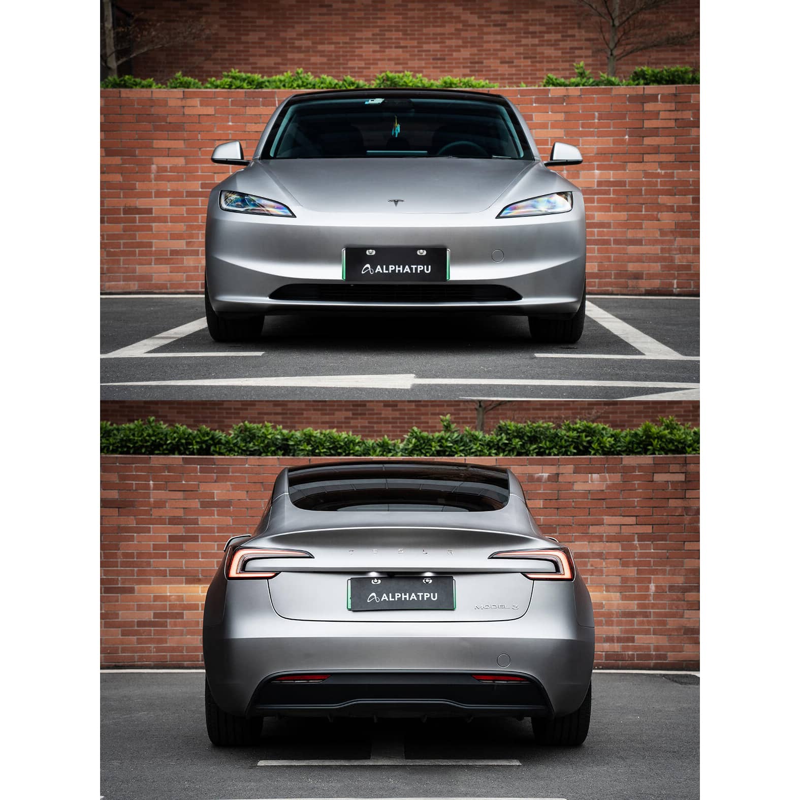 Front and rear view of silver Tesla Model 3 with a smooth tesla model 3 wrap by WrapBug in a parking lot