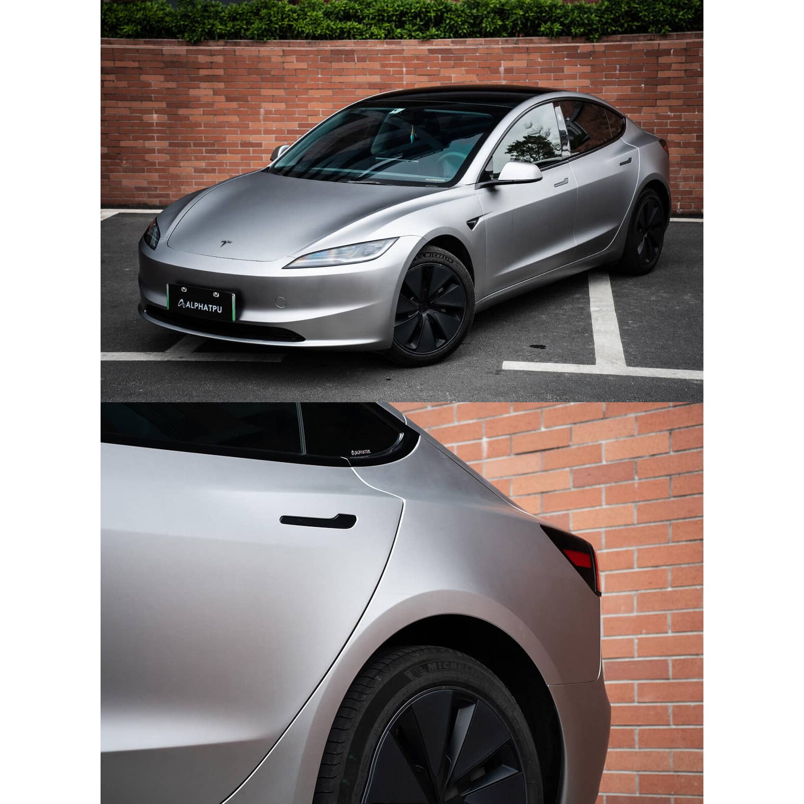 Silver Tesla Model 3 with matte finish showcasing a sleek tesla model 3 wrap by WrapBug