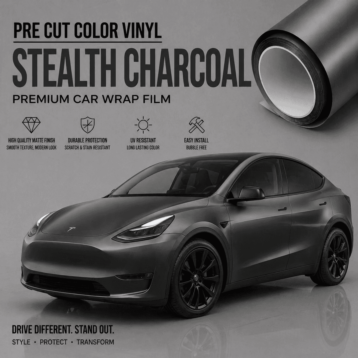 WrapBug stealth charcoal pre cut color vinyl premium car wrap film on a black Tesla SUV