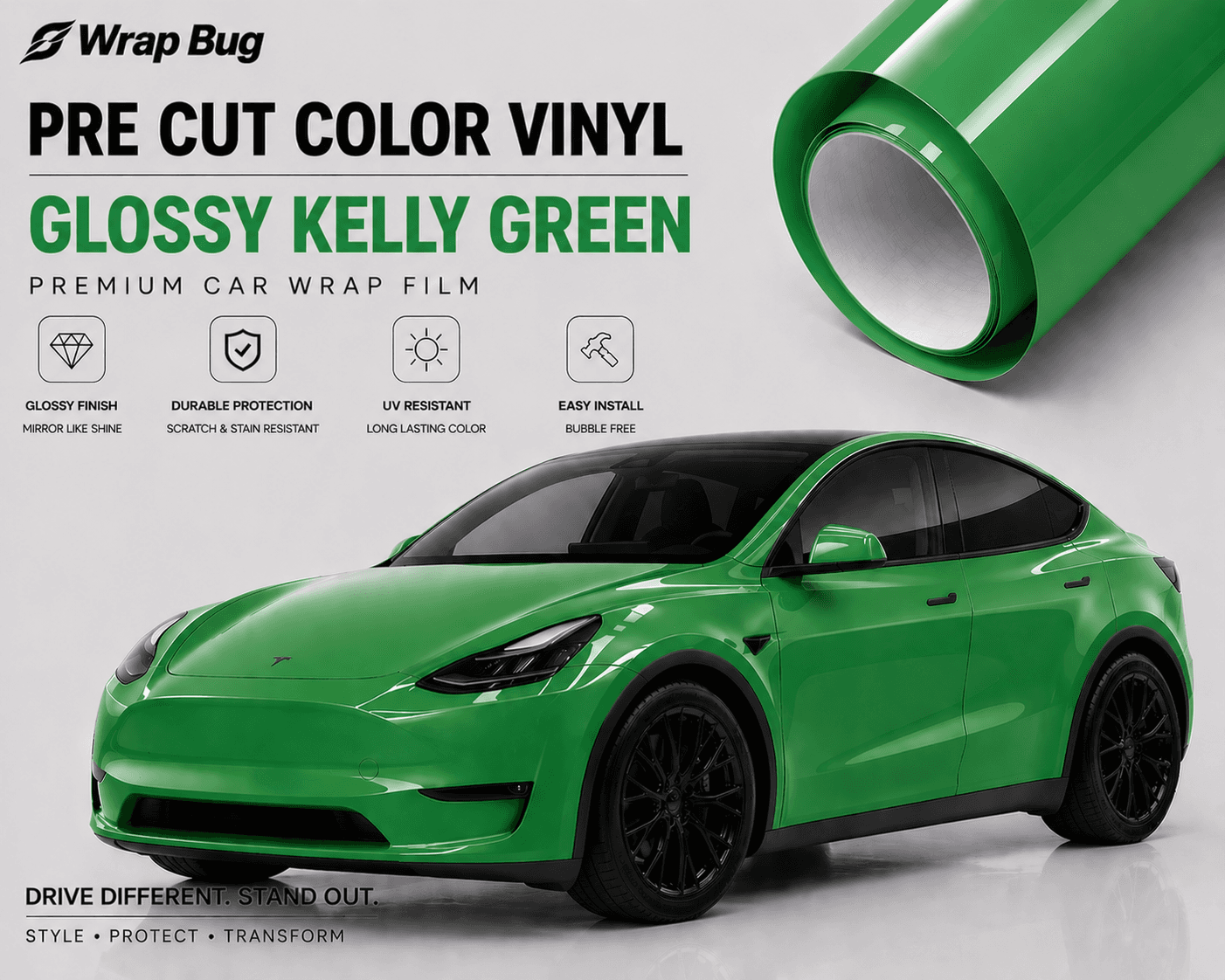 Pre-cut Tesla vinyl wrap kit in glossy Kelly green by WrapBug showing wrapped green Tesla Model Y and vinyl roll