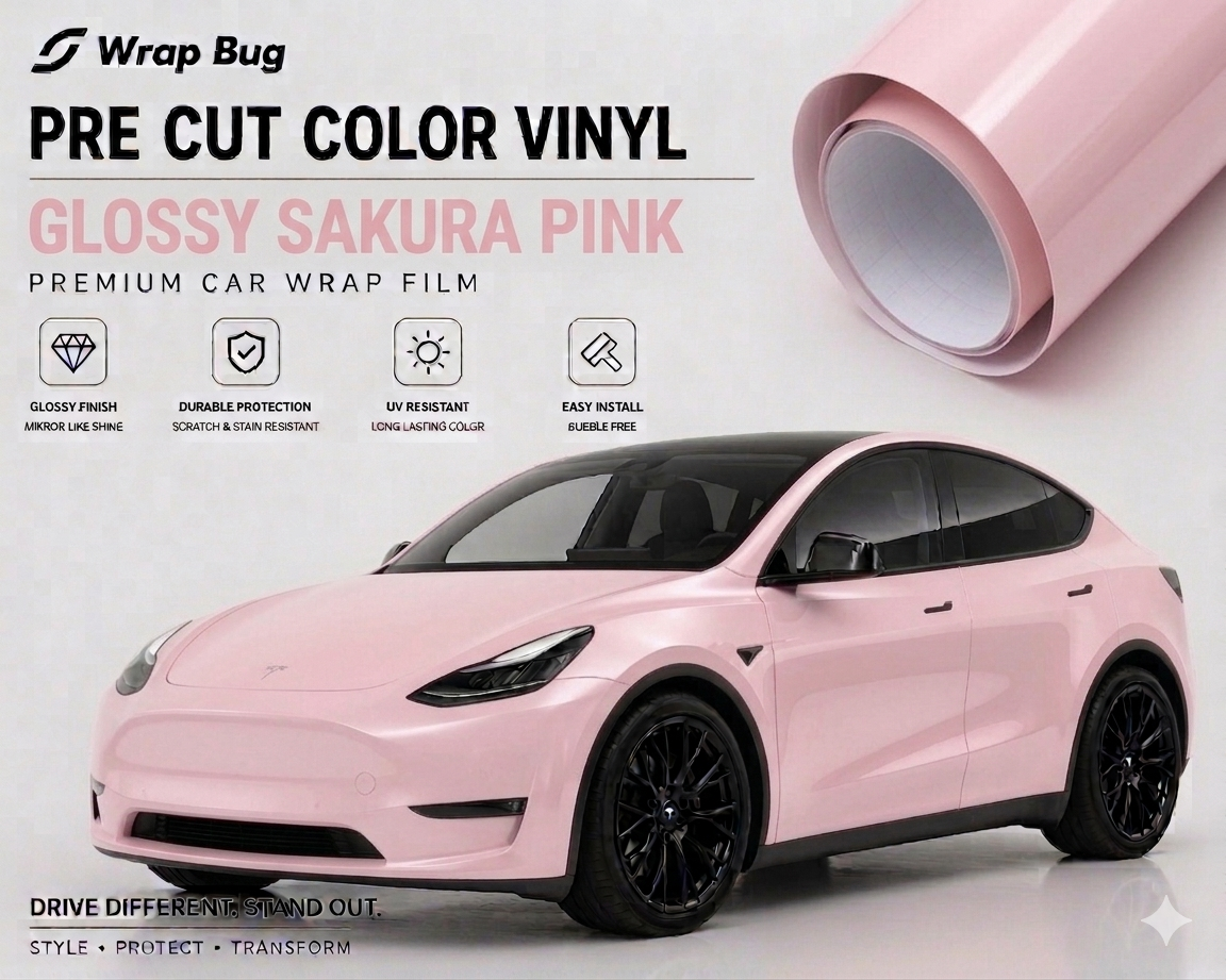 Glossy Sakura Pink pre-cut Tesla vinyl wrap kit applied to a Tesla Model Y for stylish car customization