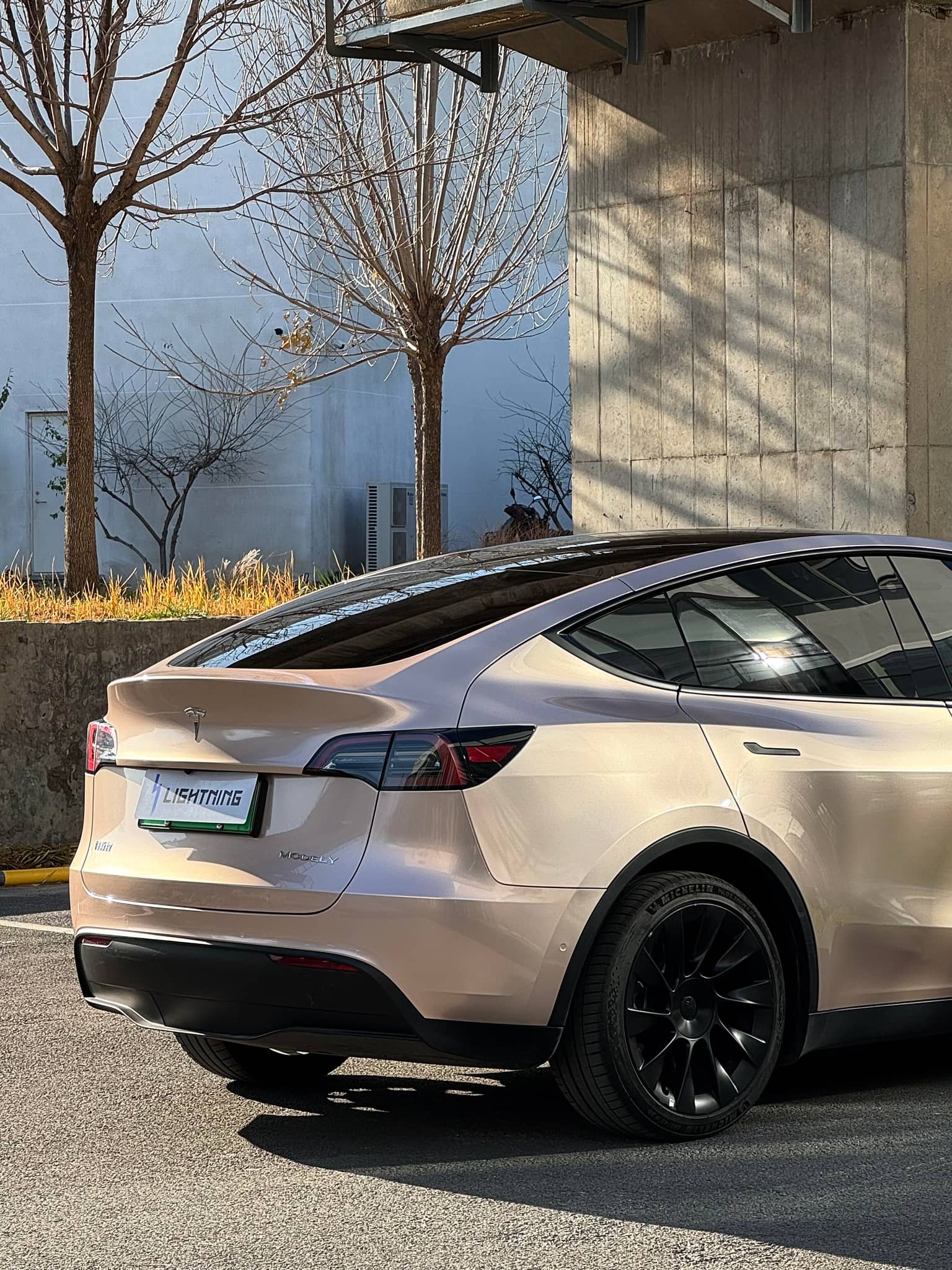 Tesla Model Y with glossy pale pink Pre-cut Tesla Wrap Kit by WrapBug in outdoor parking