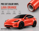 Pre-cut Tesla Wrap Kit in lava orange vinyl with glossy finish on a Tesla Model Y car