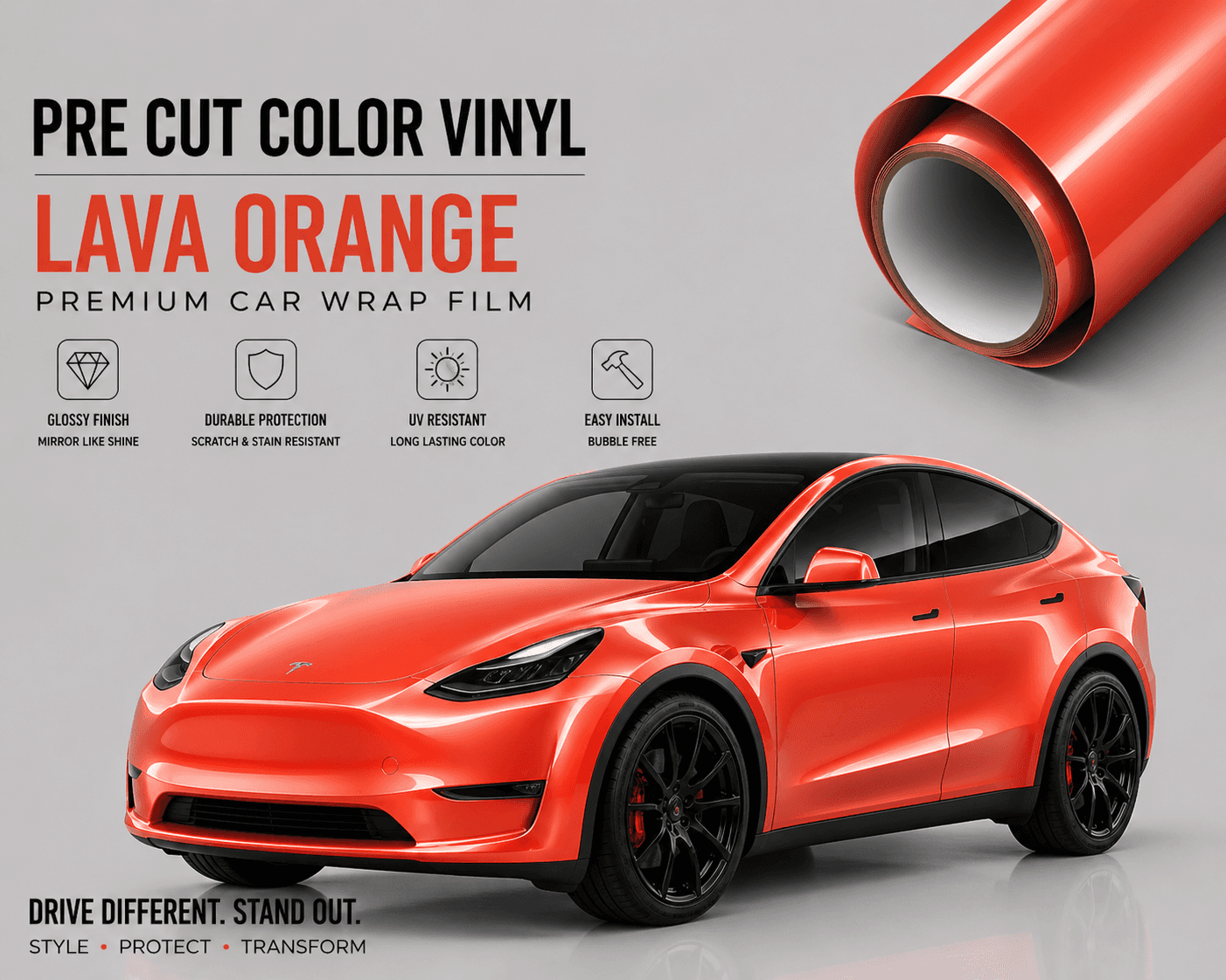 Pre-cut Tesla Wrap Kit in lava orange vinyl with glossy finish on a Tesla Model Y car