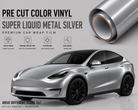 Pre-cut Tesla Wrap Kit in super liquid metal silver vinyl showing glossy finish and durable protection