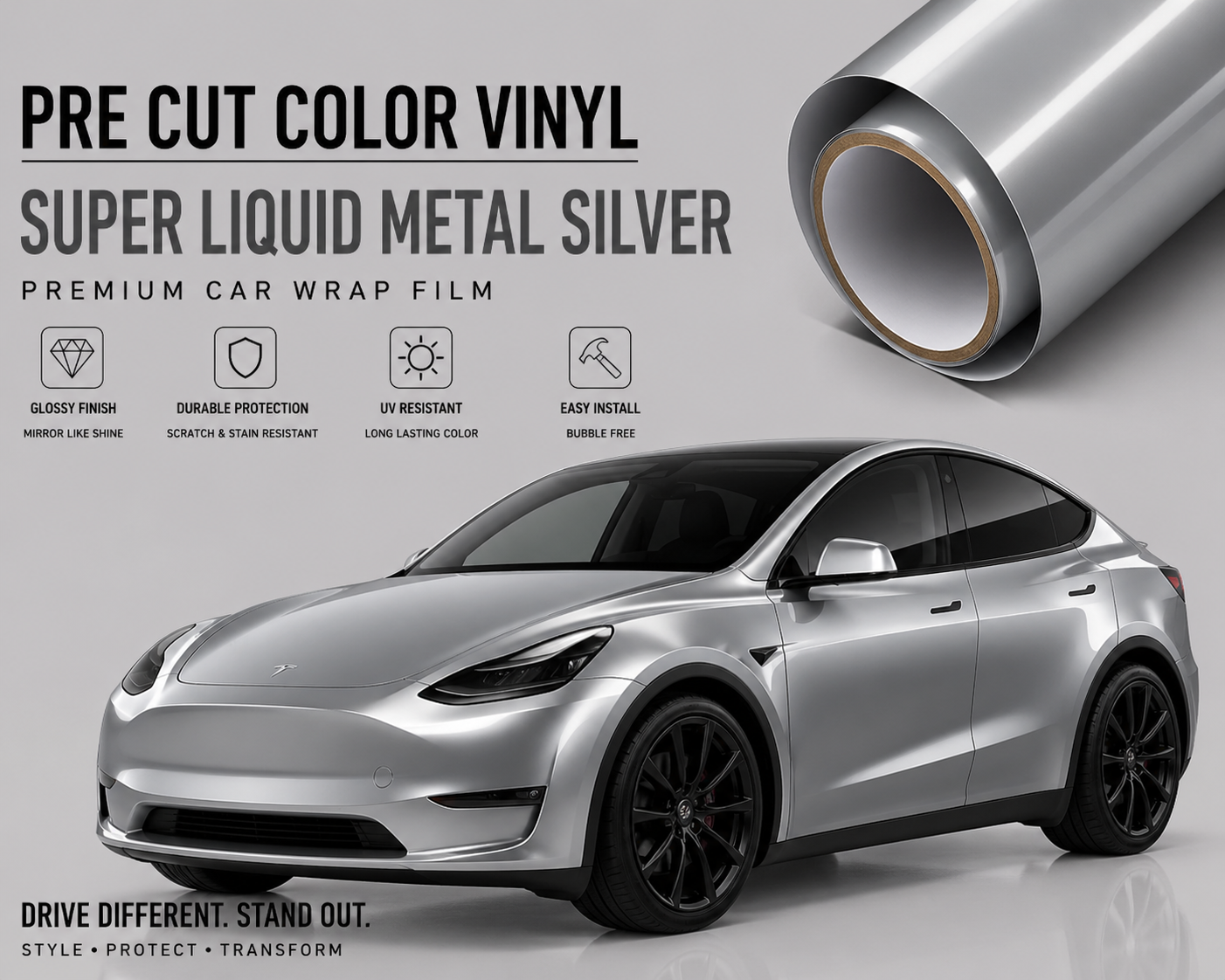Pre-cut Tesla Wrap Kit in super liquid metal silver vinyl showing glossy finish and durable protection