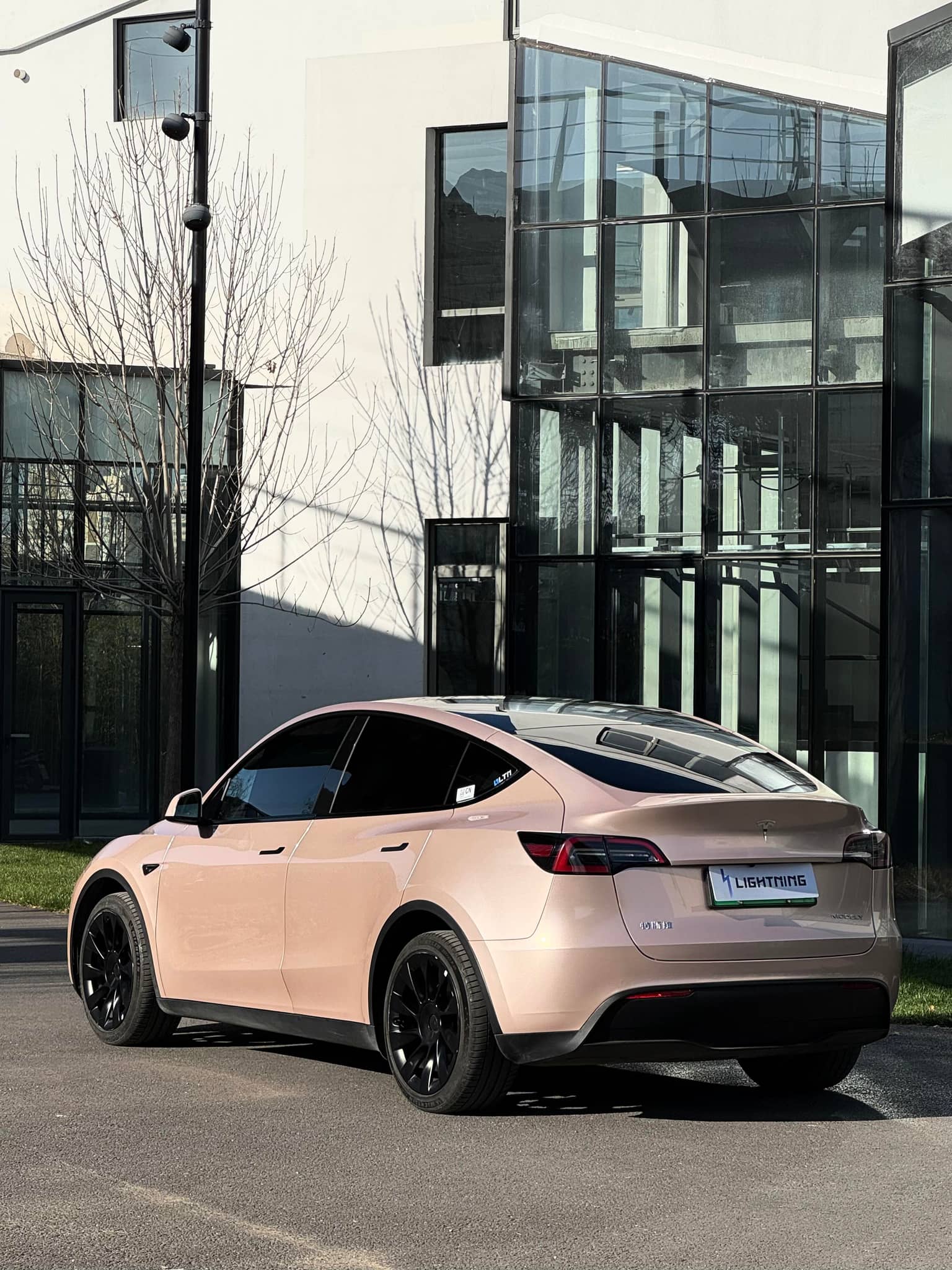 Tesla model Y with a pink matte finish applied using a Pre-cut Tesla Wrap Kit by WrapBug