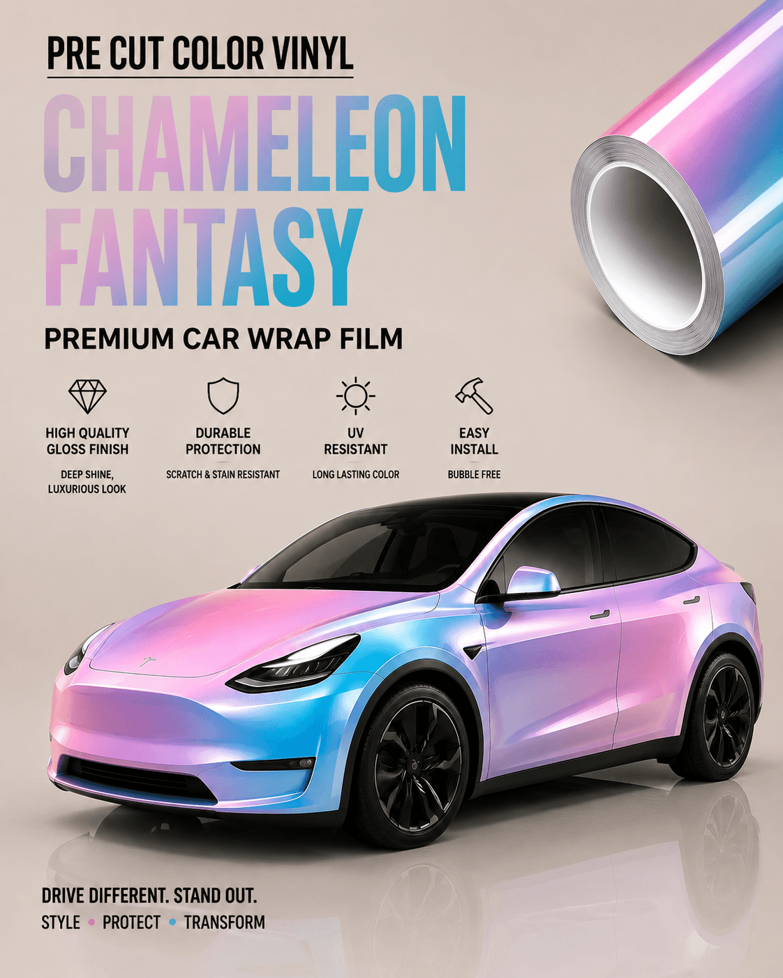 Tesla vinyl pre cut Chameleon Fantasy color wrap film on Tesla car with high gloss finish and UV resistance