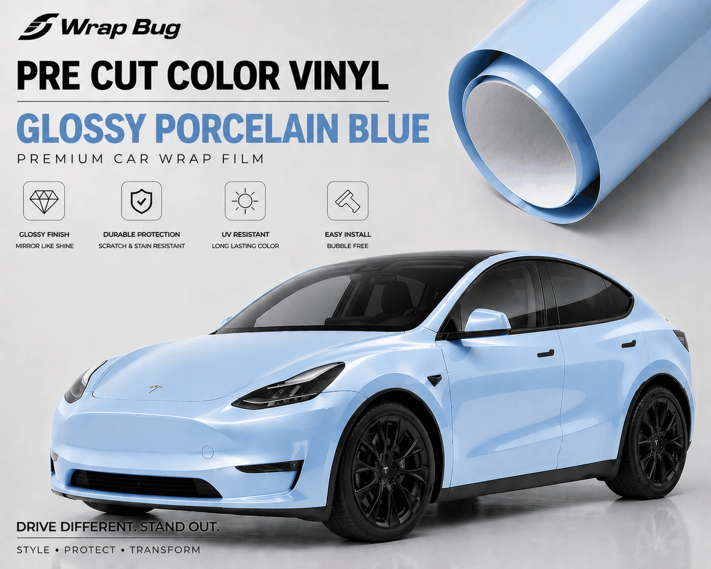 WrapBug glossy porcelain blue pre cut color vinyl car wrap film on a light blue Tesla Model Y