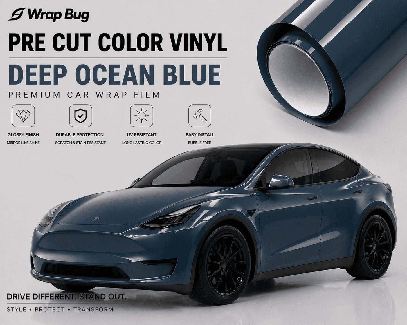 Pre-cut Tesla Vinyl Wrap Kit in deep ocean blue by WrapBug with glossy finish and durable protection