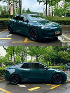 Tesla Model Y wrapped in dark green using the Pre-cut Tesla Vinyl Wrap Kit by WrapBug in urban parking