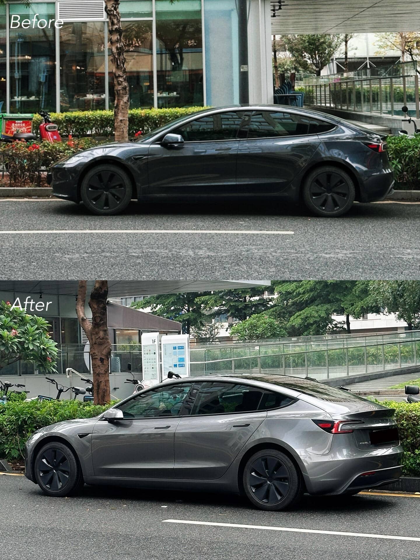 Before and after images of a Tesla featuring a Pre-cut Tesla Vinyl Wrap Kit by WrapBug for a sleek custom finish