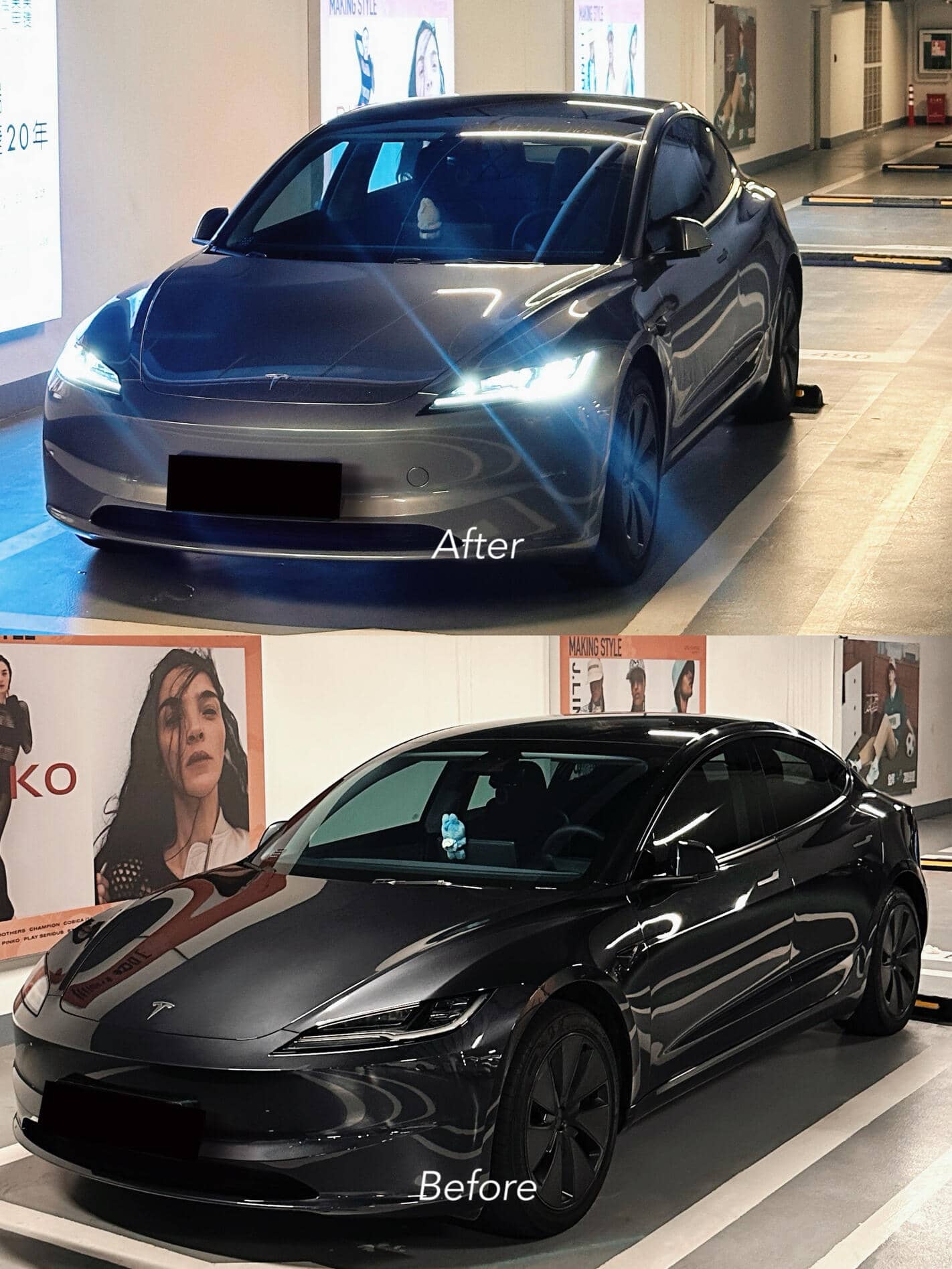 Before and after images of a Tesla with WrapBug Pre-cut Tesla Vinyl Wrap Kit applied in a glossy metallic color