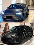 Before and after images of a Tesla with WrapBug Pre-cut Tesla Vinyl Wrap Kit applied in a glossy metallic color