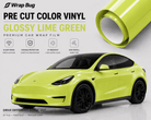 Pre-cut Tesla Vinyl Wrap Kit in glossy lime green applied on a Tesla Model Y with black wheels
