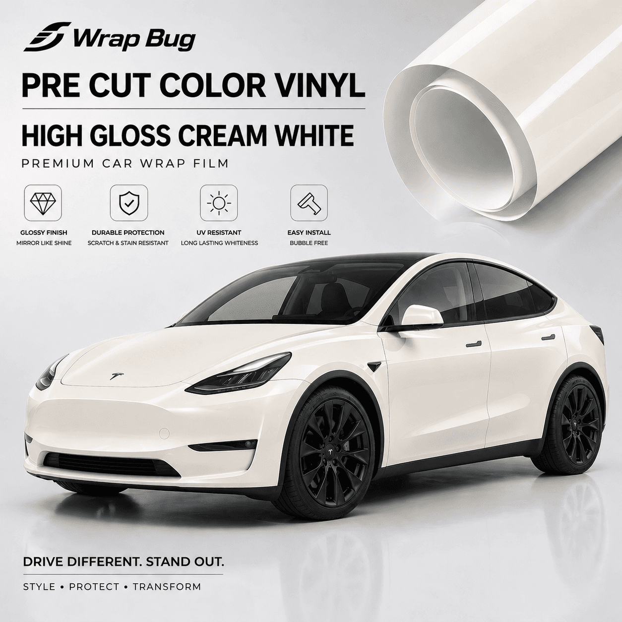 Pre-cut Tesla vinyl wrap kit in high gloss cream white applied on a white Tesla car with roll of vinyl wrap