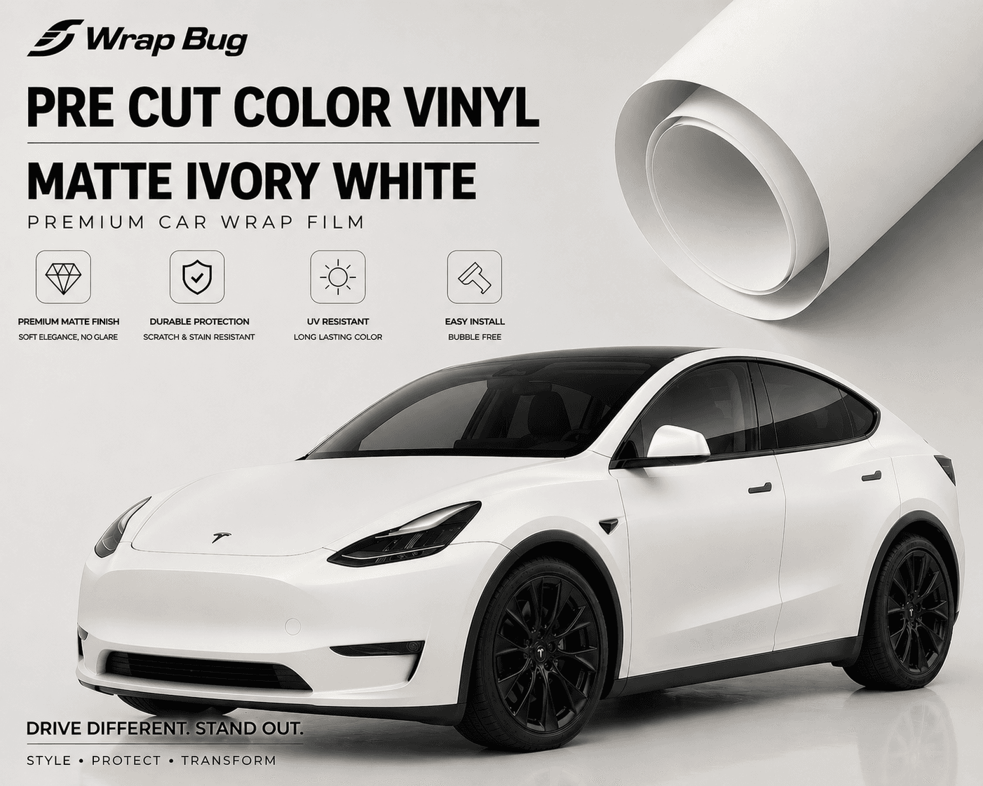 Pre-cut Tesla Vinyl Wrap Kit in matte ivory white showing a wrapped Tesla Model Y with black wheels