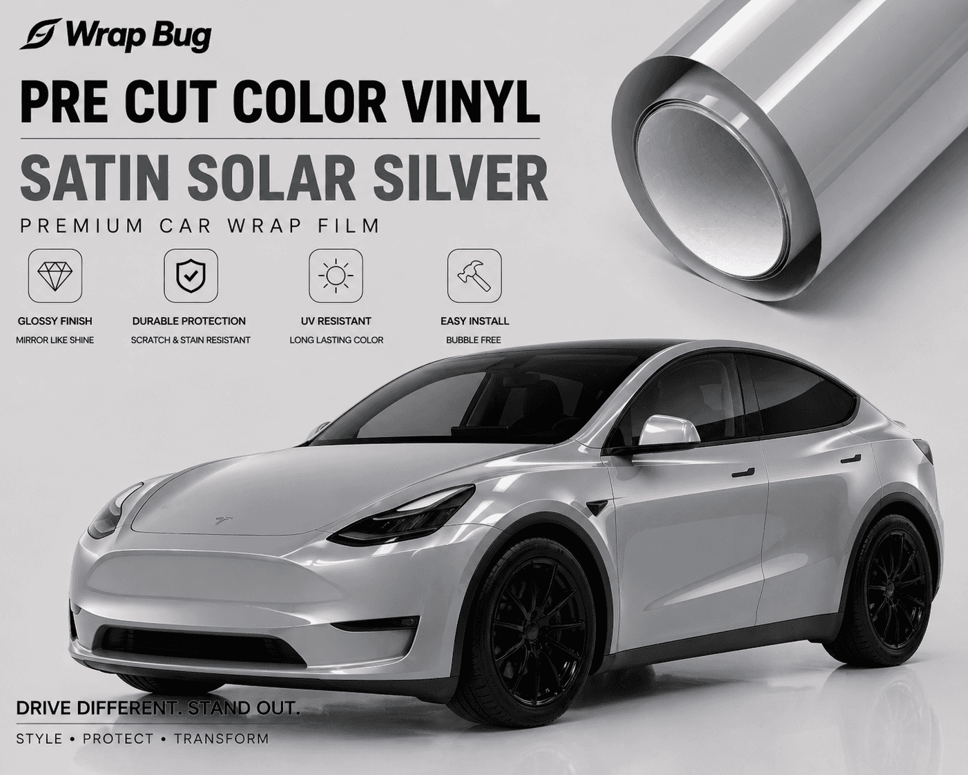 Pre-cut Tesla Vinyl Wrap Kit in satin solar silver applied on white Tesla model with glossy finish