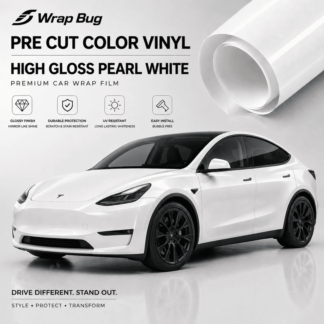 WrapBug Pre-cut Tesla Wrap Kit in high gloss pearl white vinyl for car surface protection