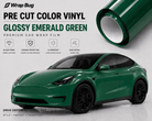 WrapBug Pre-cut Tesla Wrap Kit in glossy emerald green vinyl with durable, UV resistant finish on a Tesla car